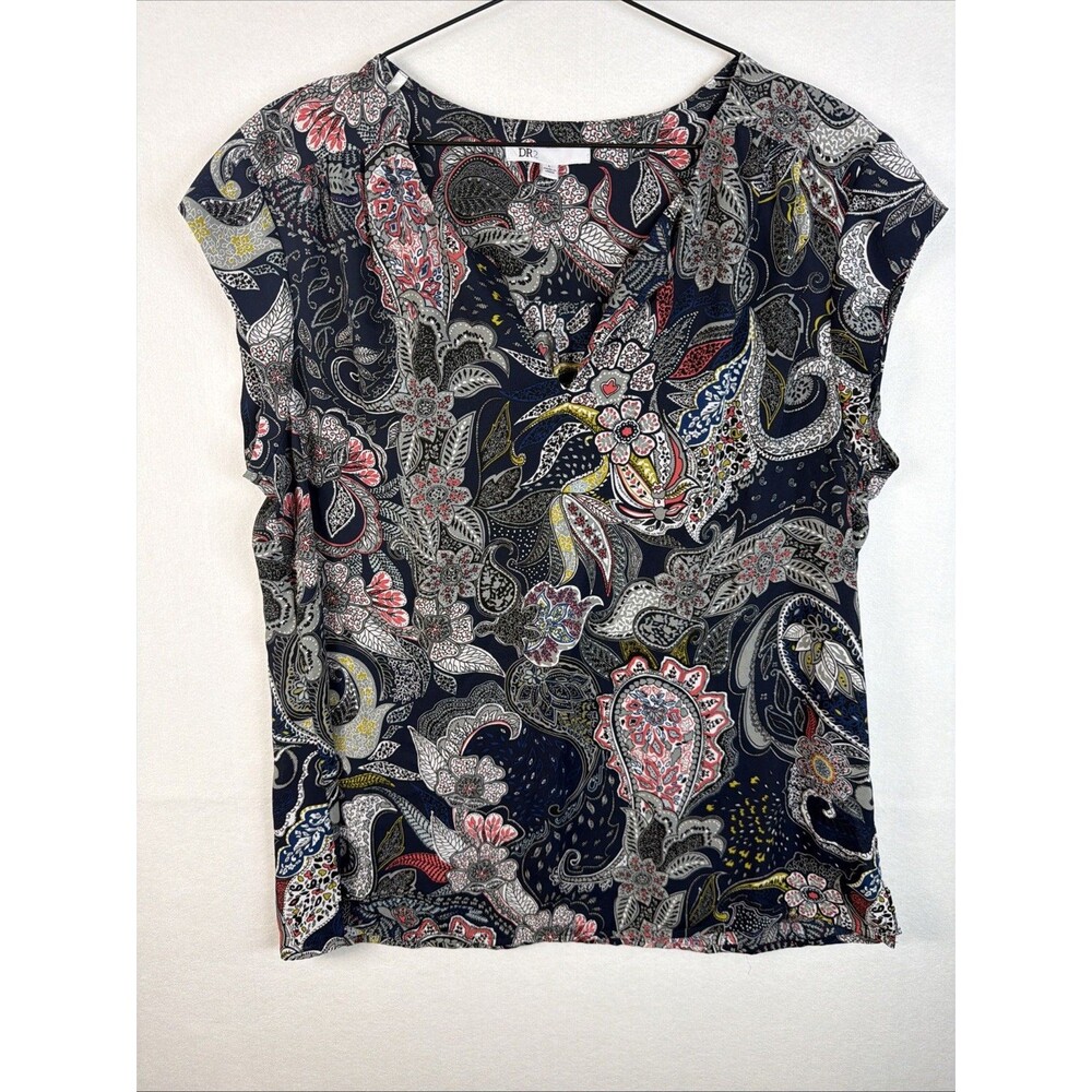 DR2 Daniel Rainn Womens L Red Navy Floral Paisley V-Neck Blouse Short Sleeve